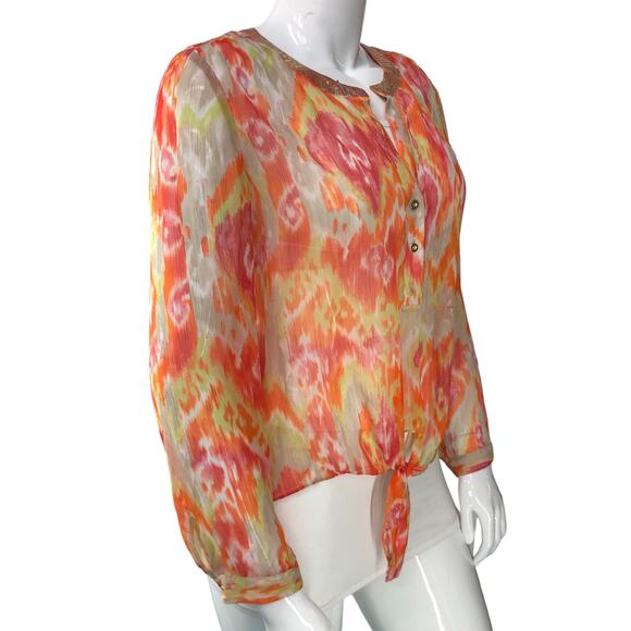 Chicos Womens Size 2 US 12 L Summer Ikat Moria Top Multicolor Sheer Blouse - Picture 10 of 15